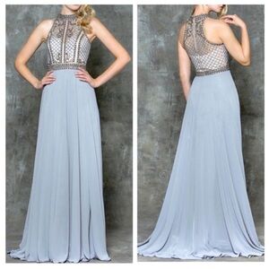 GLOW Gray Beaded Embroidered Sleeveless formal maxi dress Gown size 2